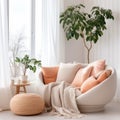 White fabric sofa with peach color blanket between green houseplant. Round knitted rug against of window. Nordic interior design