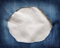 White fabric texture with torn blue jeans Royalty Free Stock Photo