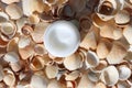 White face cream in glass jar on seashell background. Hard light, shadow. Natural beauty products for skin and body care. Flat lay Royalty Free Stock Photo