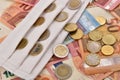White facemask on top of euro bills and coins. Royalty Free Stock Photo