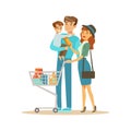 White Family With Cart Shopping In Department Store ,Cartoon Character Buying Things In The Shop