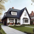 White family house with black pitched roof tiles, and beautiful front yard with green lawn. Created with generative Ai