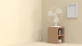 White fan on wood cabinet wit blank frame wall 3d rendering cream room