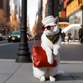 White fancy cat fashionista wearing brown scarf, white winter hat and sunglasses posing on the street