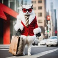 White fancy cat poses in a winter white sheep`s wool coat on the street Royalty Free Stock Photo