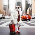 White fancy cat poses in a winter white sheep`s wool coat on the street