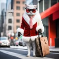 White fancy cat poses in a winter white sheep`s wool coat on the street