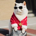 White fancy cat wearing christmas red sweater and sunglasses posing on the street