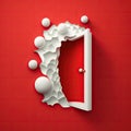 White fantasy door with balls on red background. Beautiful opened door. Mystique doorway. Entrance to unknown future Royalty Free Stock Photo