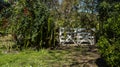 White farm gate, with many plants in the background. Royalty Free Stock Photo