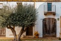 White faÃÂ§ade and aged wooden doors of a rural house, olive tree at the entrance
