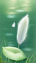 a white feather floating on top of a green leaf next to a body of water. generative ai Royalty Free Stock Photo