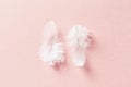 White feathers on pastel pink background