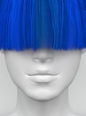 White female face with long blue bangs covering her eyes. Bright colorful hair. Creative conceptual illustration. 3D render