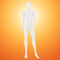 A white female faceless undressed mannequin stands in a pose against an orange backlit background. 3d rendering