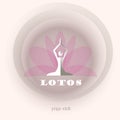 White female figure with raised arms against a pink lotus flower, inscription the Lotos, yoga club. Round logo