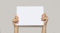 White female hands hold a blank sheet of white paper held up against an isolated gray background. The concept of protest Royalty Free Stock Photo
