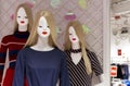 White female mannequins with hair in casual clothes