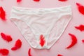 White female panties underwear with red feather as Metaphor Menstrual cycle and woman health. Beautiful white lingerie.