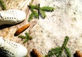 White female shoes on gray wooden background with fir cones. Summer Equinox or Solstice concept. Creative copy space Royalty Free Stock Photo