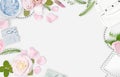 White feminine background. Flat lay. Pink roses, petals, mirror, green leaves, gift, bag. Place for text. Cheerful mind every