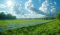 White fence runs through lush green field with trees and blue sky with fluffy white clouds. Royalty Free Stock Photo