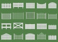 White fences. Wooden fences, garden or house wood fencing. Rural white fence isolated vector illustration set Royalty Free Stock Photo