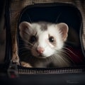 White ferret in a backpack. Selective focus. Toned.