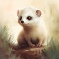 White ferret sitting on a rock in the grass, digital painting