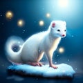White ferret on the snow in the winter night. 3d rendering Generative AI