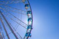 White Ferris wheel with glass cabins against blue sky, Helsinki, Finland. Anaglyph, glitch shifted effect