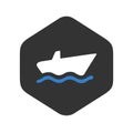 A white ferry boat with loading ramp on water waves in black hexagon icon Royalty Free Stock Photo