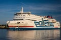 Big white ferry leaving Gdansk harbor