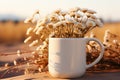 White field chamomile, rustic vase, white coffee mug mockup Royalty Free Stock Photo