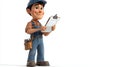 A white figure in overalls holds checklists and tools against a white background