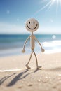 A white figurine of a little man walks along the beach against the backdrop of waves. A smile on your face. Beach sand Royalty Free Stock Photo