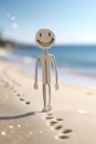 A white figurine of a little man walks along the beach against the backdrop of waves. A smile on your face. Beach sand Royalty Free Stock Photo