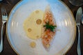 White fillet of most delicious fish John Dory, St Pierre or Peter\'s fish served with shell fish sauce in luxe restaurant in
