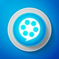 White Film reel icon isolated on blue background. Circle blue button with white line. Vector