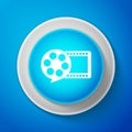 White Film reel and play video movie film icon isolated on blue background. Circle blue button with white line. Vector Royalty Free Stock Photo