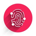 White Fingerprint icon isolated with long shadow. ID app icon. Identification sign. Touch id. Red circle button. Vector Royalty Free Stock Photo