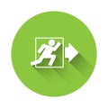 White Fire exit icon isolated with long shadow background. Fire emergency icon. Green circle button. Vector Royalty Free Stock Photo