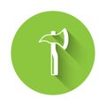 White Firefighter axe icon isolated with long shadow background. Fire axe. Green circle button. Vector Royalty Free Stock Photo