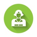 White Firefighter icon isolated with long shadow. Green circle button. Vector Royalty Free Stock Photo