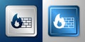 White Firewall, security wall icon isolated on blue and grey background. Silver and blue square button. Vector Royalty Free Stock Photo