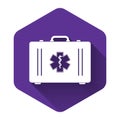 White First aid kit and Medical symbol of the Emergency - Star of Life icon isolated with long shadow. Medical box with Royalty Free Stock Photo