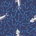 White Fish Bone Skeleton and Fishing Hooks Seamless Pattern. Sea Fishes Icons. Royalty Free Stock Photo