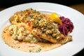 White Fish Covered with Crab Meat, Mashed Potatoes