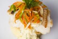 White fish with mashed potatoes and gravy, vegetables, onion dill carrot on a plate for restaurant menu top Royalty Free Stock Photo