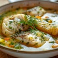 White Fish Mix Soup, Bouillabaisse, Cullen Skink, Ukha or Solyanka Closeup with Cod, Pike, Perch